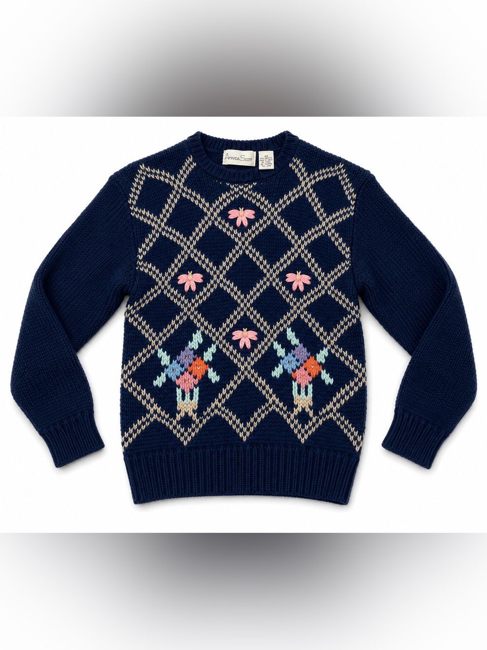 Amanda Scott Women’s 2X Vintage Chunky Knit Sweater Navy Floral Cottagecore